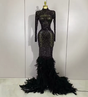 Elaine long sleeve sheer black maxi dress with sparkling crystals and luxury feather trim on the sleeves and hem.