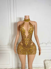 Beaded Gold Diamond Crystal Sparkly Cocktail Party Dress