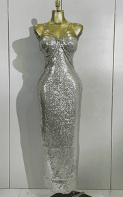 Zoe sexy shiny sequin long dress with diamond chain straps. Elegant luxury outfit for birthdays, evening parties, and club nights.