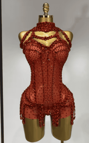 Liliana Sparkly Rhinestone Red Mesh Bodycon Bodysuit