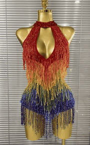 Jaye rainbow sequin tassel bodysuit for women. Sexy off shoulder outfit for birthdays, nightclub parties, and celebration events.