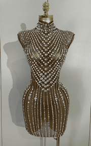 Sheila Luxury Diamond Pearl Mesh See Through Mini Dress