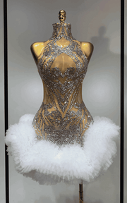 Sexy see-through mesh cocktail mini dress with diamond rhinestone embellishments and fitted silhouette
