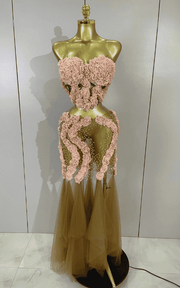 Sparkly rhinestone flower two-piece mesh set with sexy see-through design and fitted silhouette