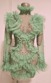 Channel Mint Color Long Sleeve Mesh Ruffles Shining Sequins Bodycon Mini Dress
