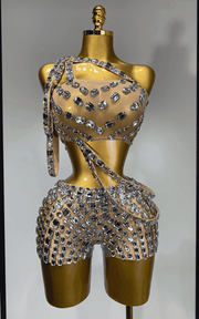 Lola diamond mesh two piece see through outfit for women. Sexy party set for nightclub, birthdays, stage performance, and events.
