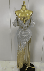 Alyn Shiny Diamond Sequin Off Shoulder Bodycon Long Dress
