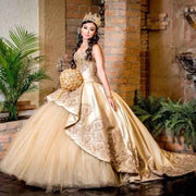 Gold Sweetheart Lace Appliques Beads Quinceanera Dress