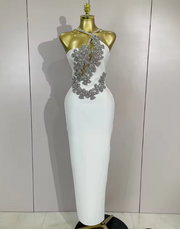 Bianca white backless bandage mini dress featuring a bodycon fit and hand-applied sparkly crystal diamonds.