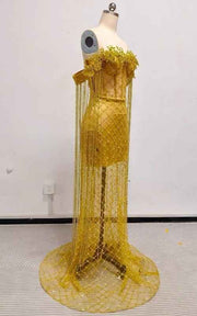 Gilded Goddess Off-The-Shoulder Gold Corset Gown With Beaded Fringe And Lattice Mesh Skirt