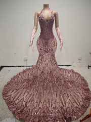 Carol Sparkly Sequin Halter Pink Mermaid Long Prom Dress - Ready to Ship
