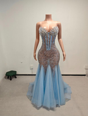 Xia Glittery Silver Sequin Rhinestone Mesh Prom Dress-Ready to Ship