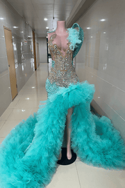 Turquoise Crystal Beaded One Shoulder Feather Ruffle Tulle Prom Dress