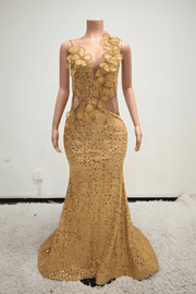 Gorgeous Gold Sequin Embellished 3D Flower Prom Dress