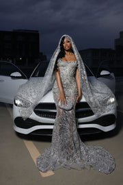 Glitter silver beaded mermaid prom dress elegant evening gown.