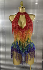 Sarah Rainbow Sequin Tassel Off-The-Shoulder Keyhole Bodycon Mini Dress