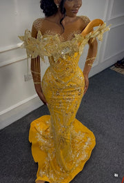 Yellow Beaded Mermaid Long Prom Dress