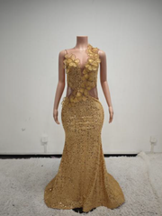 Genevieve Gold Crystal Mesh See-Through Long Evening Gown-Ready to Ship