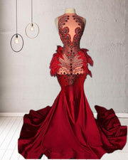 Rhinestone Red Long Prom Dress With Feathers and Handmade Beads