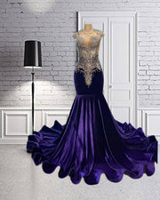 Purple Velvet Silver Crystal Beading Prom Dress