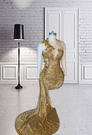 Mannequin Wearing a Gold Sequin Sweep Train Cocktail Birthday Dress with Sparkling Embellishments and Dramatic Train, Styled for Luxe Celebrations