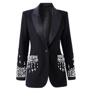 Luxury single-button women’s suit jacket with rhinestone embellishments