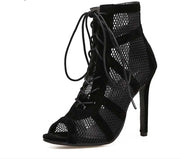 Fashion Black Summer Sandals Lace Up Cross-tied Peep Toe High Heel Ankle Strap Net Surface Hollow Out Sandals