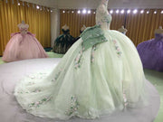 Sage green quinceañera dress with 3D handmade flower appliques for milestone celebration styling