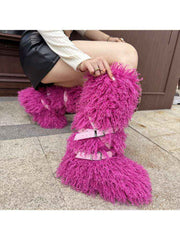 Fluffy Rivet Belt Buckle Fur Snow Boots