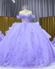 Lavender off-shoulder beaded lace ball gown quinceañera dress with detachable sheer sleeves