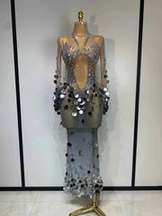 Aubrey Sexy Long Sleeve Sequin Diamond Maxi Long Dress