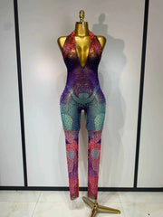 Raiz Colorful Rhinestone Mesh Bodycon Jumpsuit for Women