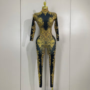 Minchie luxury sparkly diamonds print long sleeve stretch jumpsuit for women party night out