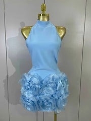 Rica Sky Blue Satin 3D Flower Halter Bodycon Bandage Mini Dress for Women