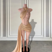 Champage Crystals High Neck Sexy Birthday Dresses with Side Train