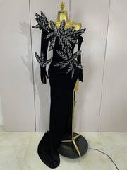 Shiny diamond velvet side slit long dress with gloves – elegant women’s evening gown for birthday, banquet, nightclub, and stage hosting.