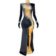 Monet elegant rhinestone high-split prom dress shimmering gown.