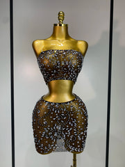 Sherry rhinestone sheer two piece gown set for women. Sexy luxury outfit for birthdays, nightlife, and evening parties.