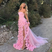 Mermaid Evening Prom Dress Pink Flowers Strapless Side Slit