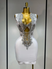 Front view of Nia Silver Sequin Cut Out Bandage Dress