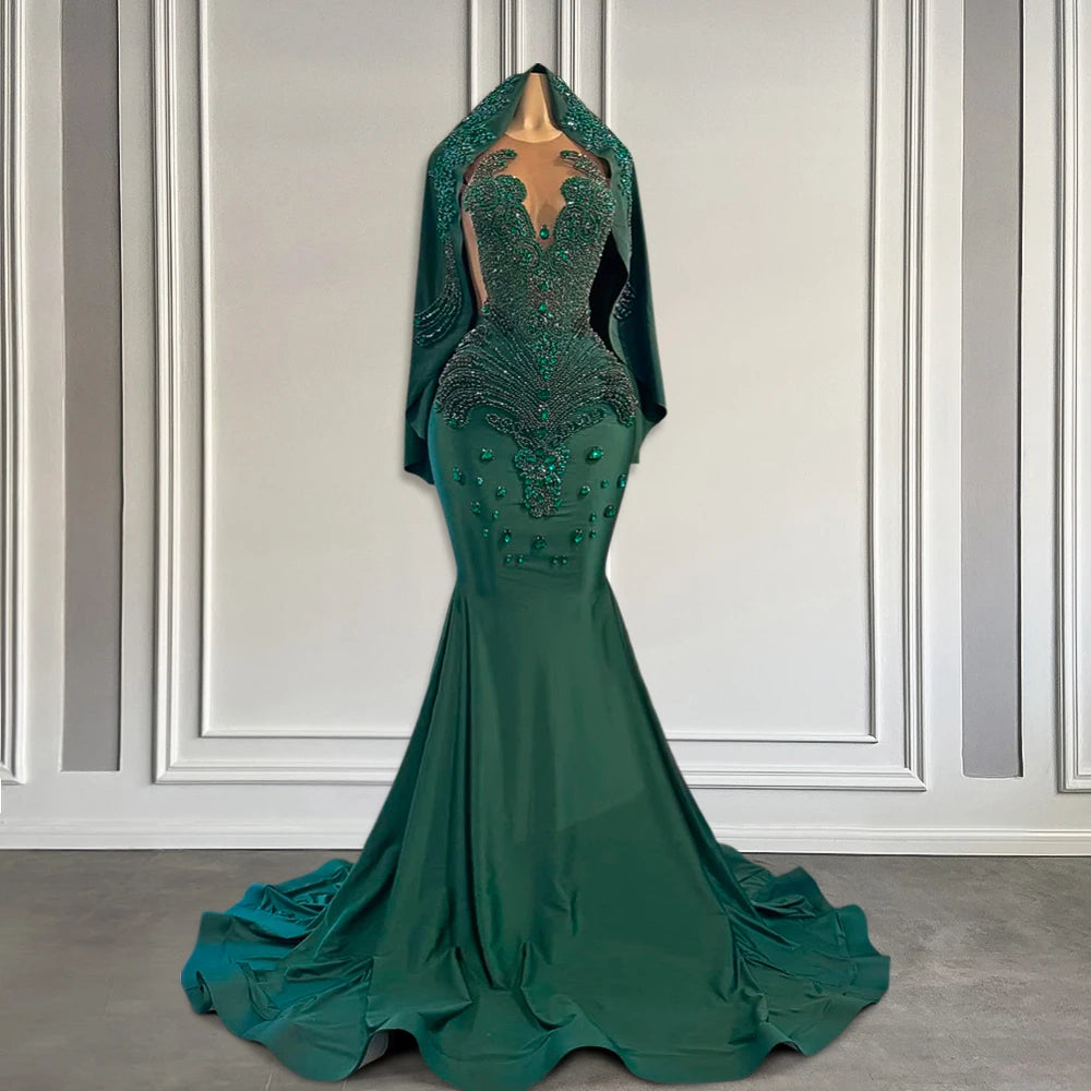 Emerald Green Crystal Mermaid Long Prom Dress 2025 with Head Piece