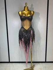 Sparkly Rhinestone Tassel Mesh See Through Dress Pole Dancer Singer Outfit Women Evening Party Club Stage Performance Outfit
