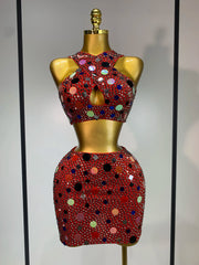 Selene rhinestone sequin sexy two piece set dress with sparkling rhinestones and sequins for women.