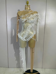 Snow White Pearl Mesh See Through Long Sleeve Jumpsuit