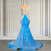 Sexy Sleeveless Sparkly Blue Sequin Sheer Crystal Prom Dress