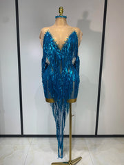 Christy blue mesh mini dress with sapphire rhinestones and cascading tassels for a sparkly evening look.