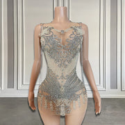 See Thru Silver Diamond Luxurious Handmade Beads Crystal Birthday Dress