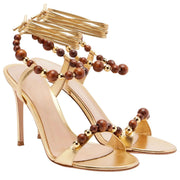 Bohemian Beaded Ankle Wrap Stiletto Sandals Leather Open-Toe Lace-Up High Heels