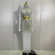 Ivy white rhinestone mesh two-piece long dress set with sparkling sheer detailing