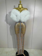 Luxury Sparkly Diamond Strapless Transparent Mesh Long Dress 2026 Women Birthday Eveing Party Gown Bar Singer Sexy Stage Costume